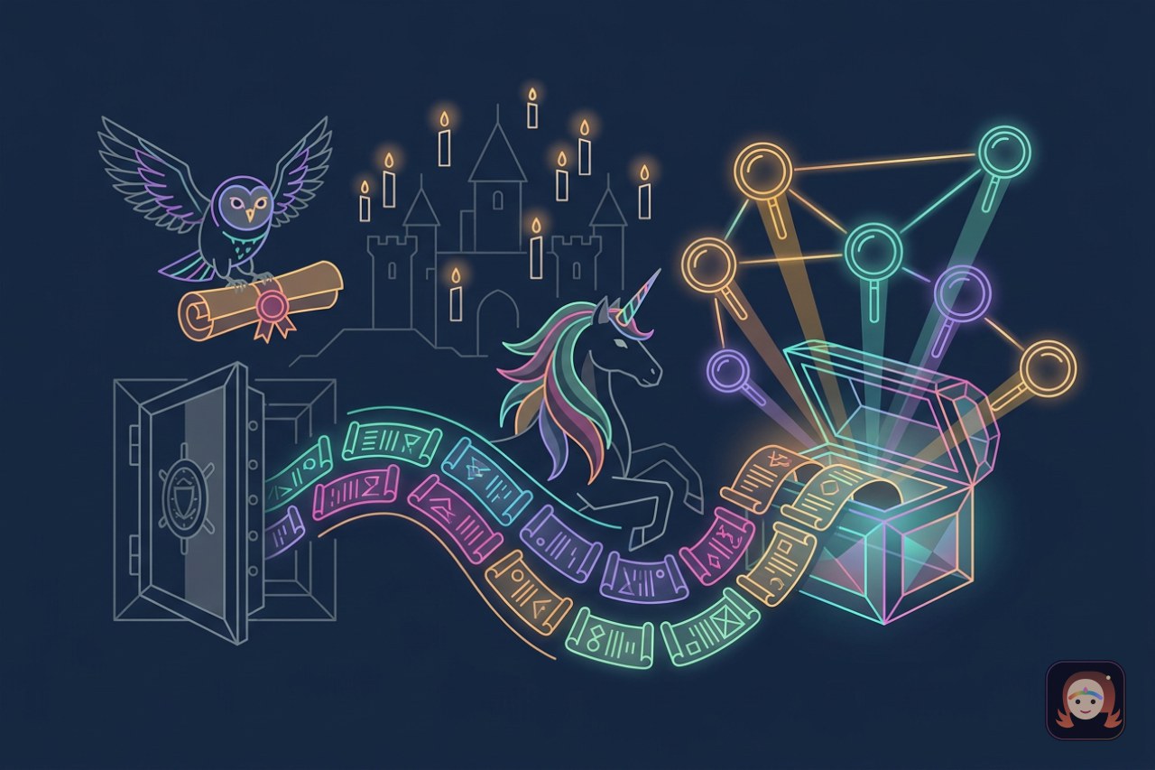 Ilustracao de um cofre soltando pergaminhos coloridos que atravessam um unicornio e entram num bau de cristal, ligado por feixes de luz a uma constelacao de lupas
