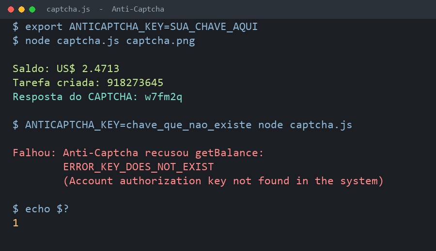 Terminal mostrando o saldo em dólares, o número da tarefa criada, a resposta do CAPTCHA, e em seguida a mensagem de falha ERROR_KEY_DOES_NOT_EXIST com código de saída 1