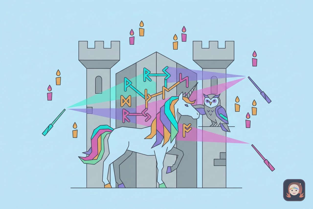 Ilustração colorida de um unicórnio de crina arco-íris diante de um portão de castelo coberto de runas tortas, com uma coruja sussurrando a resposta e varinhas lançando feixes de luz que decifram as runas