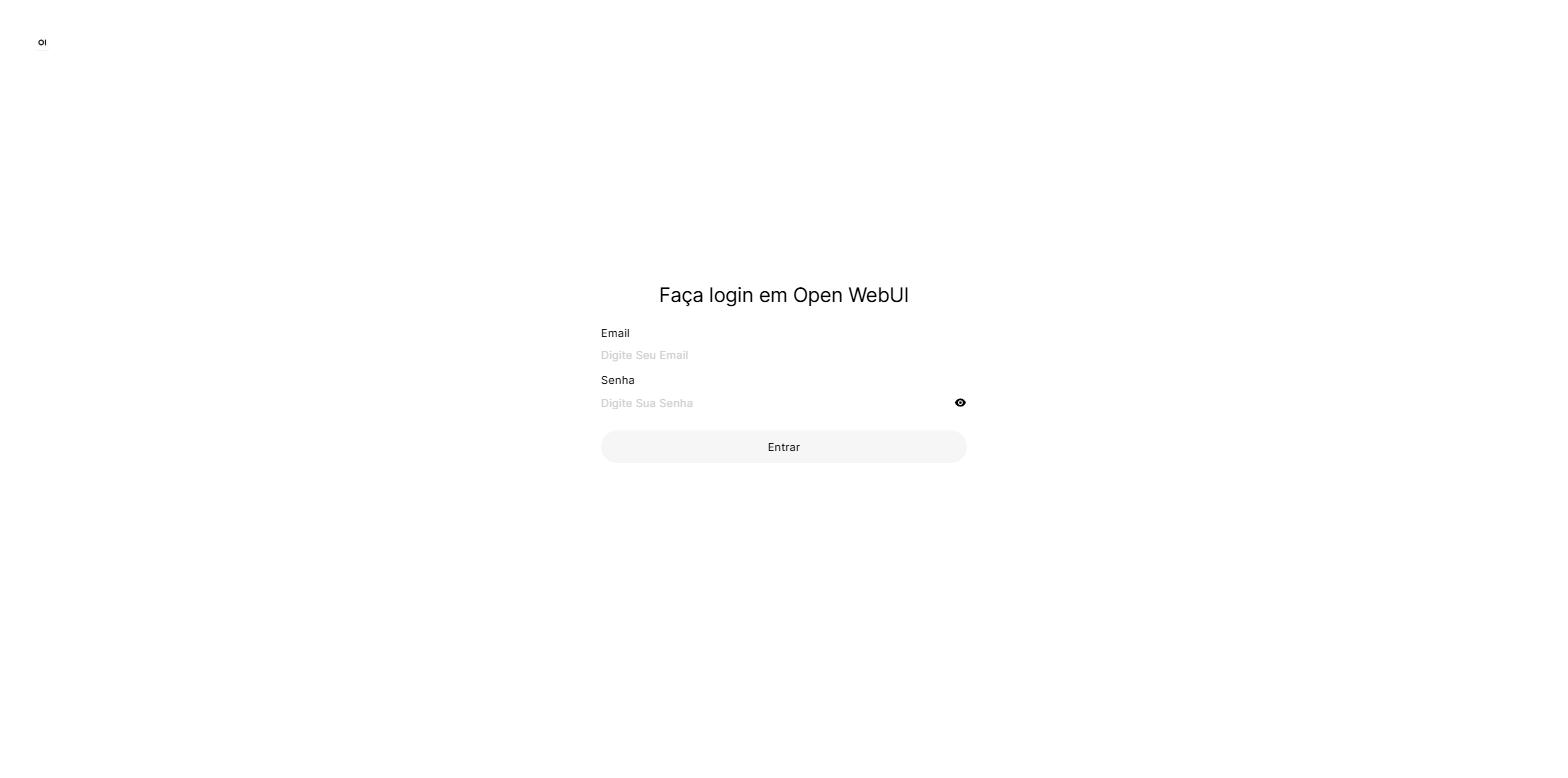 Tela de login do Open WebUI com os campos Email e Senha e o botão Entrar, sem nenhuma opção de criar conta