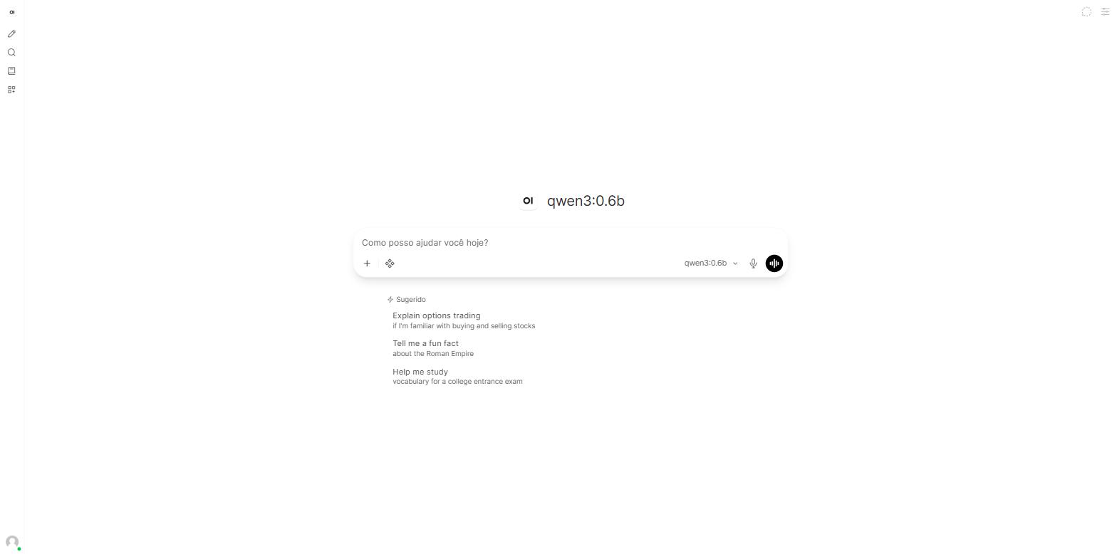 Painel do Open WebUI aberto com o modelo qwen3:0.6b selecionado e o campo Como posso ajudar você hoje