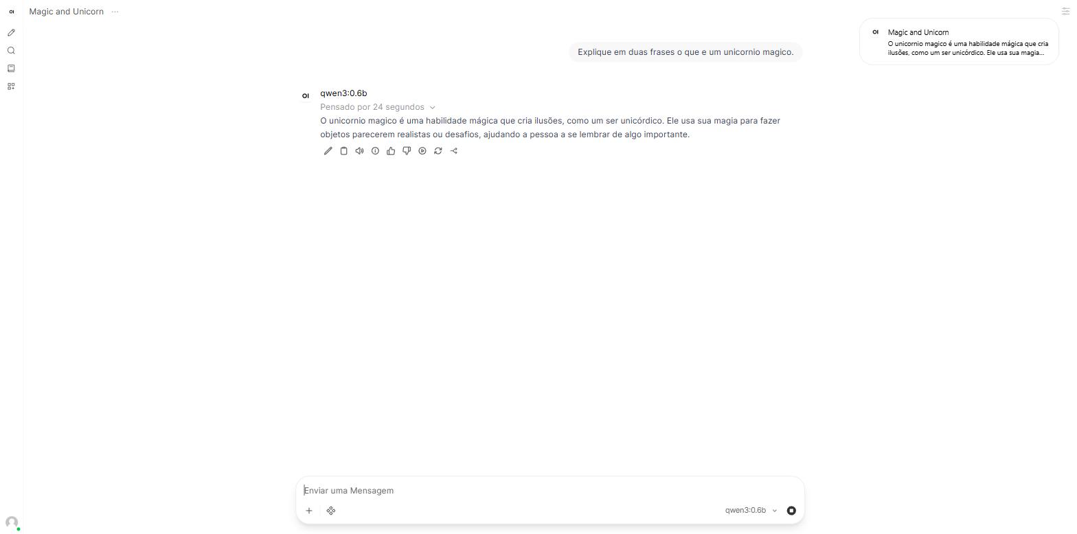 Resposta do modelo qwen3:0.6b no Open WebUI, com a indicação Pensado por 24 segundos acima do texto gerado