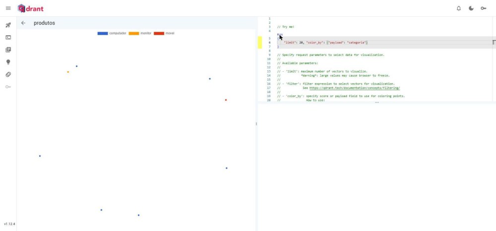 Aba Visualize do painel do Qdrant mostrando os produtos como pontos coloridos por categoria, com legenda de computador em azul, monitor em laranja e móvel em vermelho
