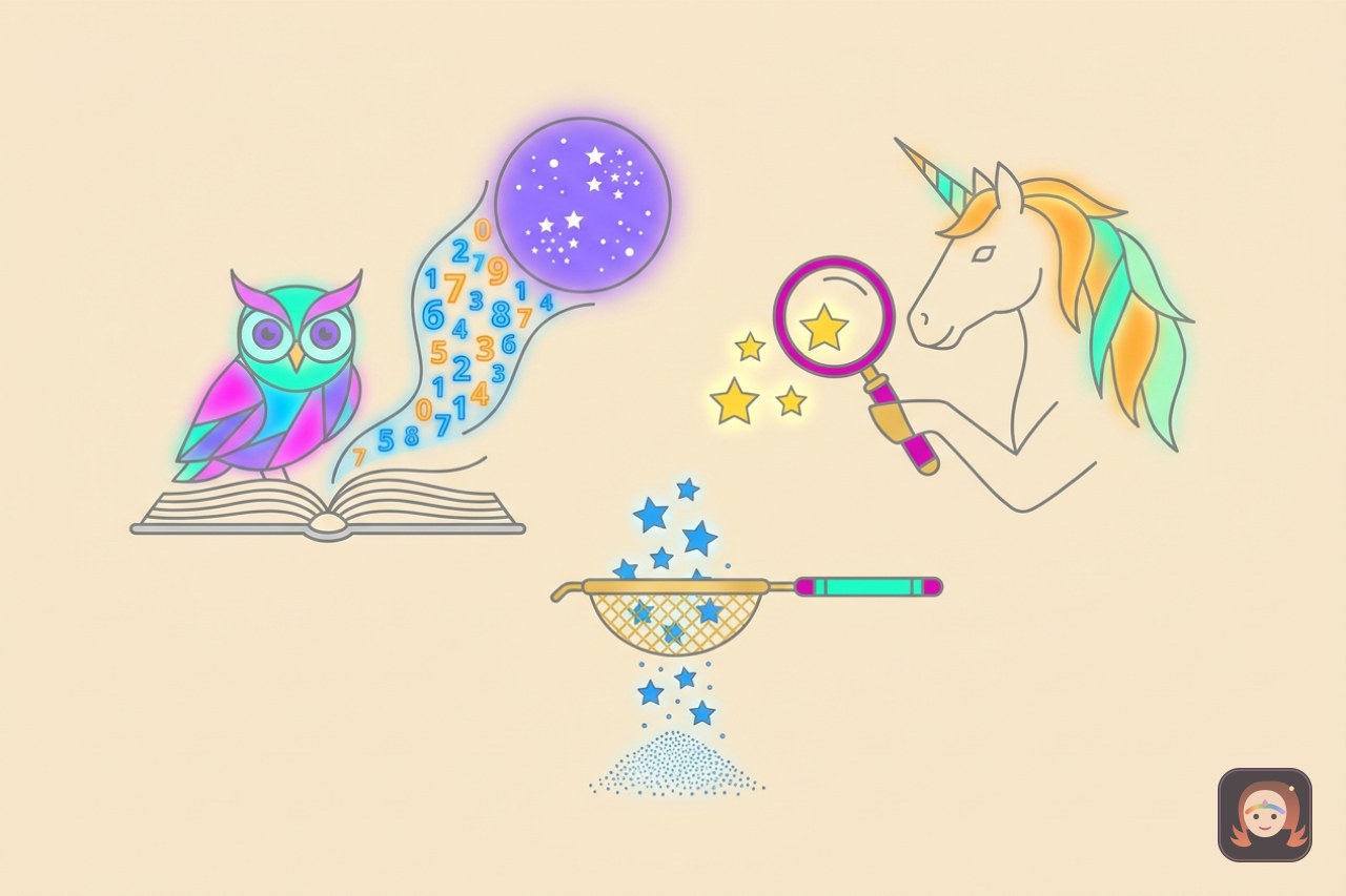Ilustração colorida de uma coruja mágica sobre um livro aberto transformando palavras em números luminosos que voam para uma esfera de cristal cheia de estrelas, com um unicórnio segurando uma lupa sobre três estrelas e uma peneira dourada filtrando outras