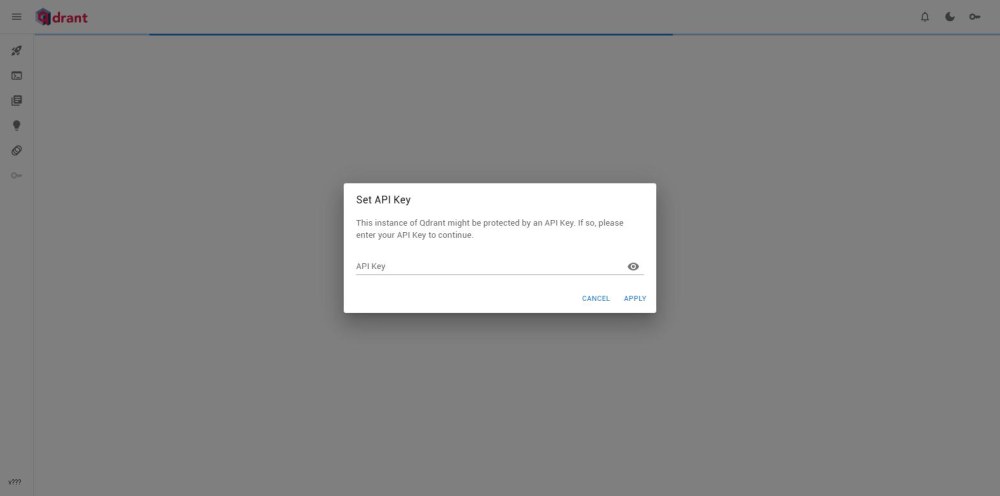Painel do Qdrant exibindo a caixa Set API Key, que pede a chave de API antes de mostrar qualquer conteúdo