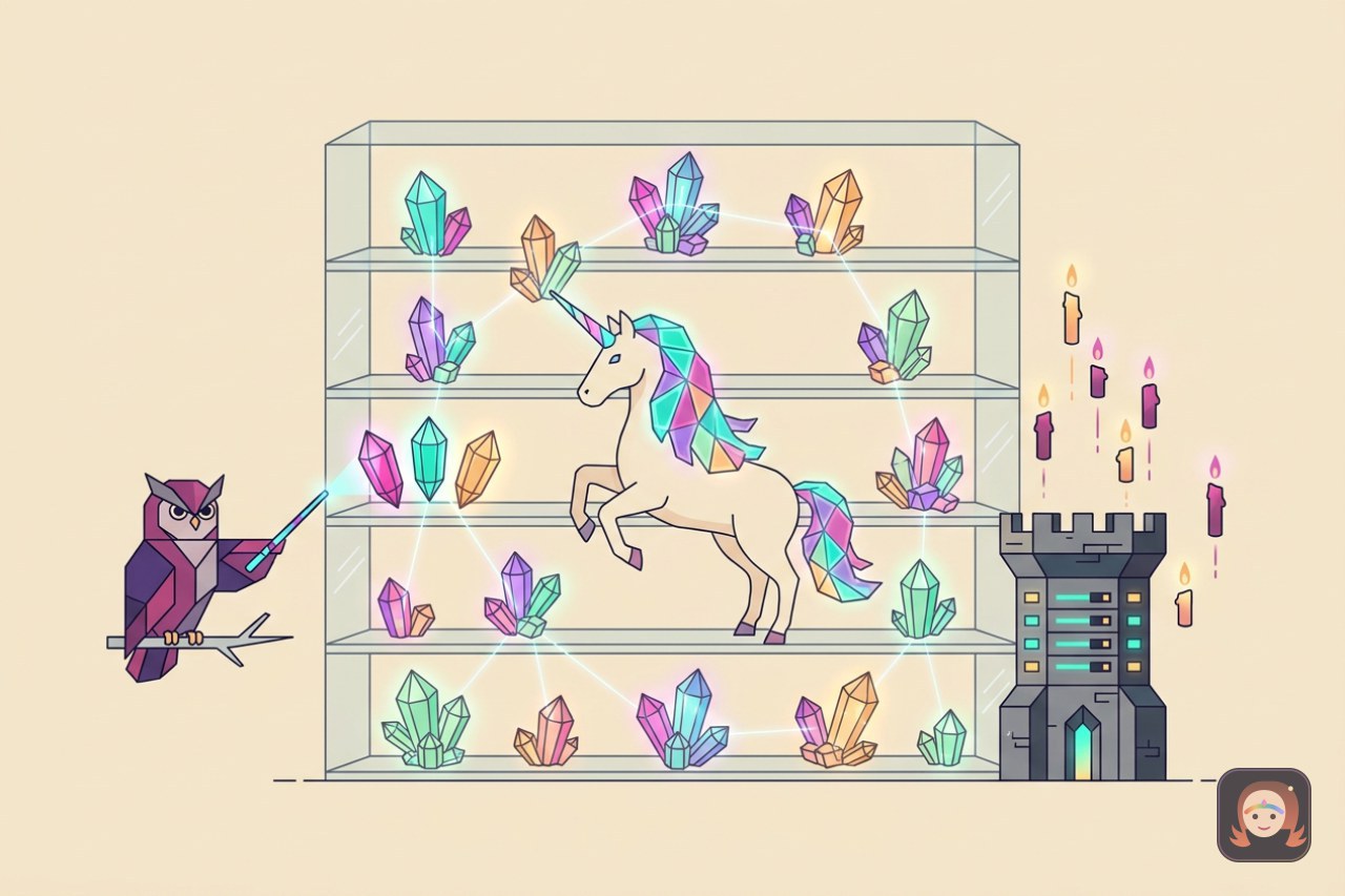 Ilustração colorida de um unicórnio de crina arco-íris dentro de uma estante de vidro cheia de cristais que se agrupam por semelhança, ligados por fios de luz, com uma coruja apontando uma varinha e uma torre de castelo servindo de servidor