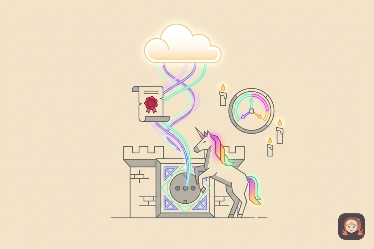Ilustração de uma tomada inteligente na parede de um castelo, com um unicórnio ao lado e fios de luz subindo até uma nuvem brilhante, passando por um pergaminho lacrado e um mostrador de energia