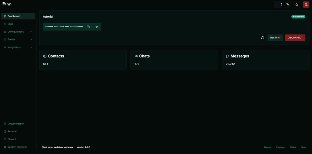 Dashboard do Evolution Manager com a instância em status Connected e os contadores mostrando 564 contatos, 673 chats e 22.042 mensagens sincronizadas