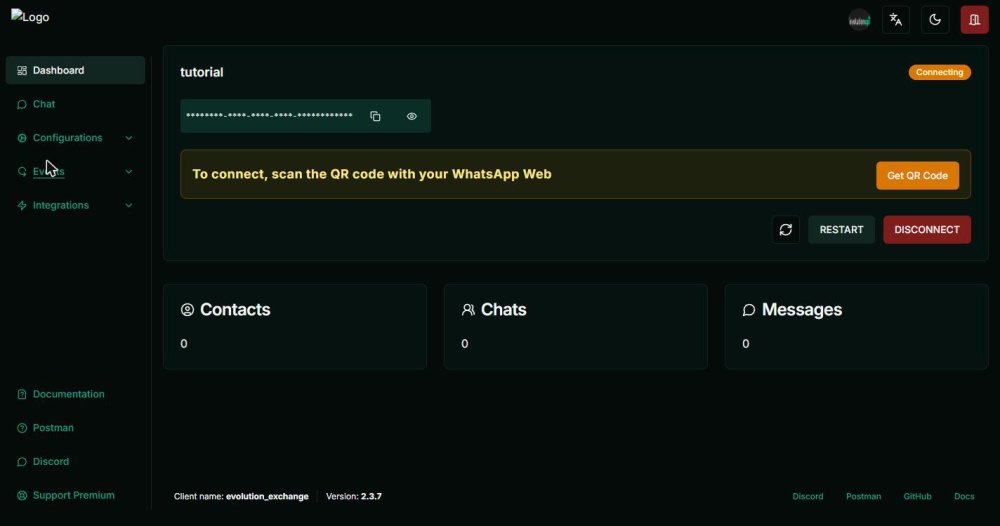 Dashboard da instância no Evolution Manager, com o aviso para escanear o QR code, o botão Get QR Code e os contadores de contatos, chats e mensagens zerados