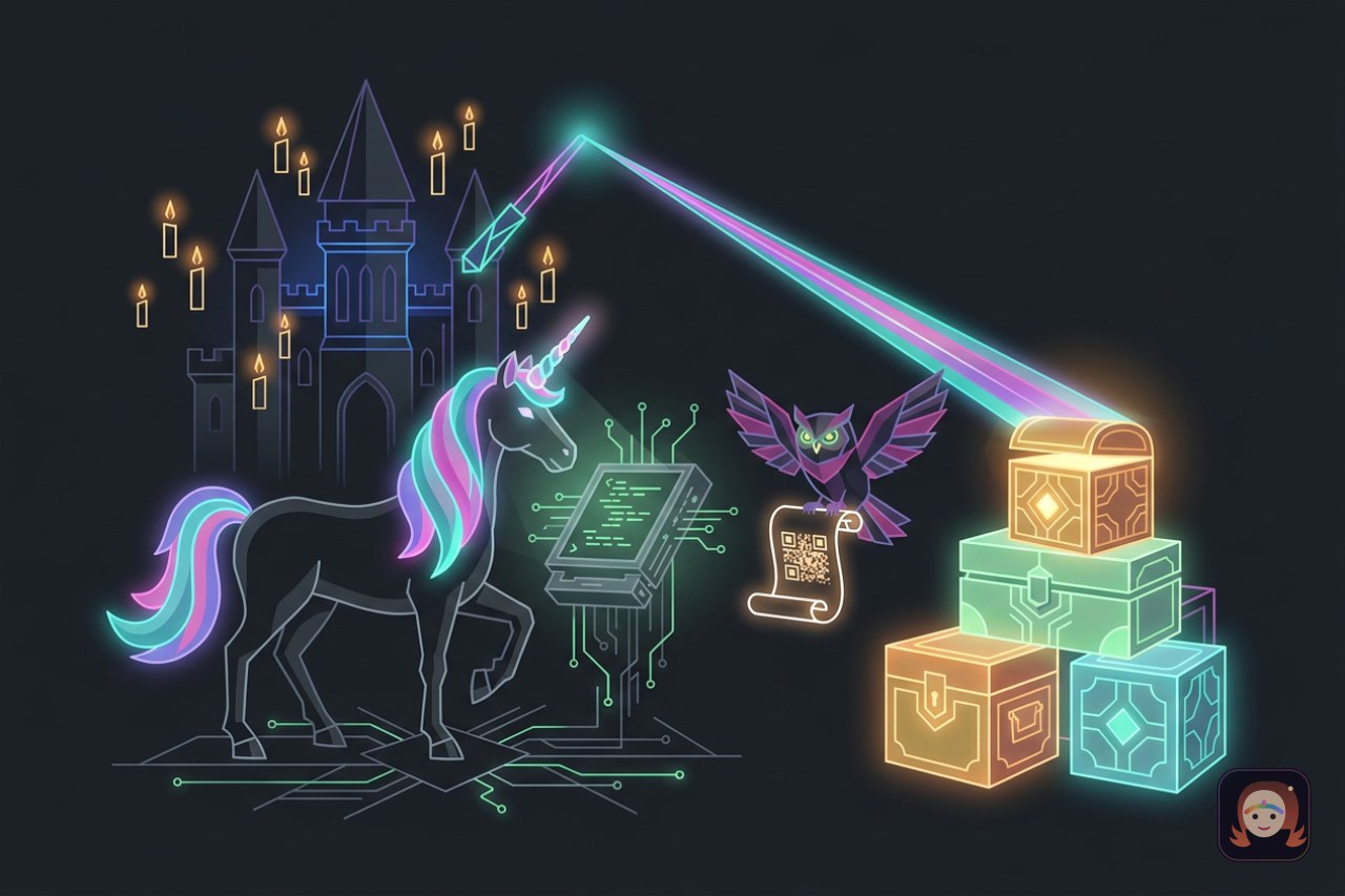 Ilustração colorida de um unicórnio de crina arco-íris operando um terminal flutuante cheio de código, com baús mágicos empilhados como contêineres, uma coruja entregando um pergaminho com QR Code e um castelo com velas ao fundo