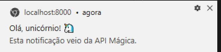 A notificação do Chrome vinda de localhost:8000, com o título Olá, unicórnio! e o texto Esta notificação veio da API Mágica