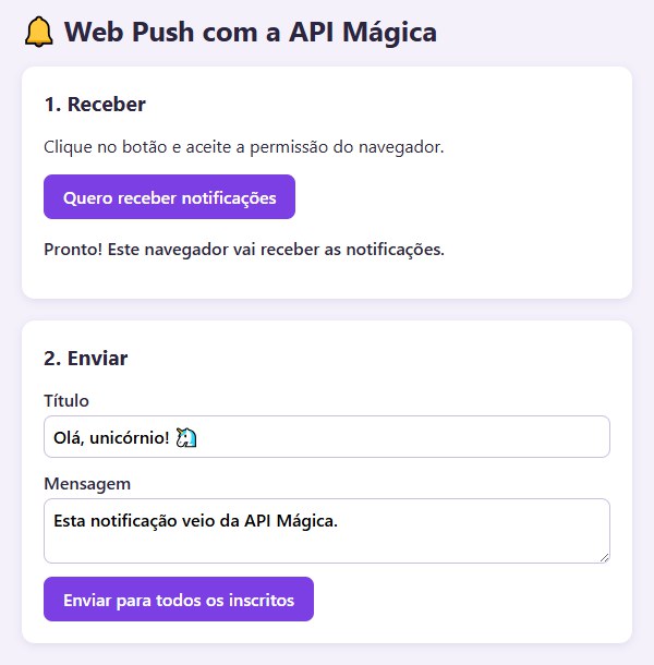 A página do site de exemplo com o botão Quero receber notificações e, abaixo dele, a mensagem Pronto! Este navegador vai receber as notificações; mais abaixo, o formulário de envio com título e mensagem