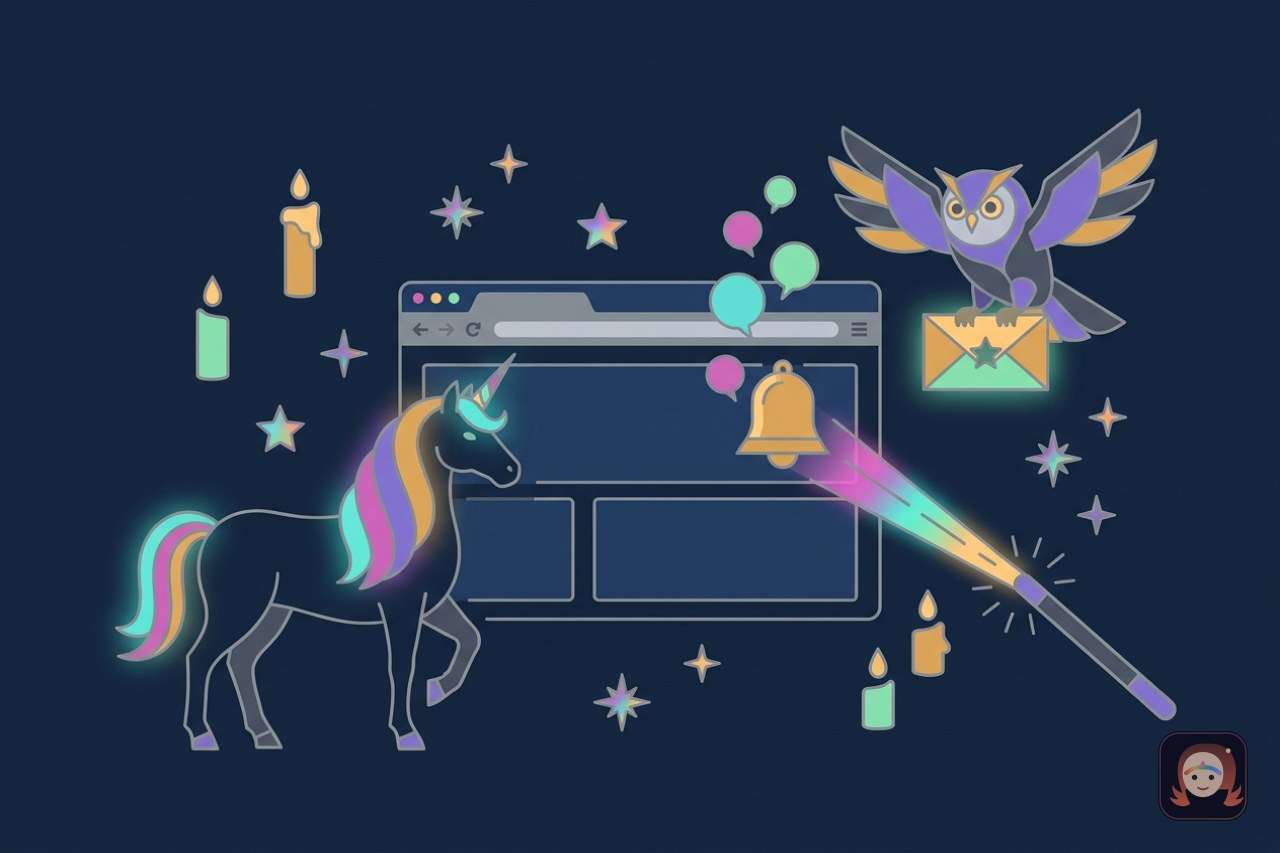 Um unicórnio de crina colorida ao lado de um navegador aberto, de onde saem balões de notificação e um sino dourado, enquanto uma coruja entrega um envelope e uma varinha lança um feixe de luz no sino