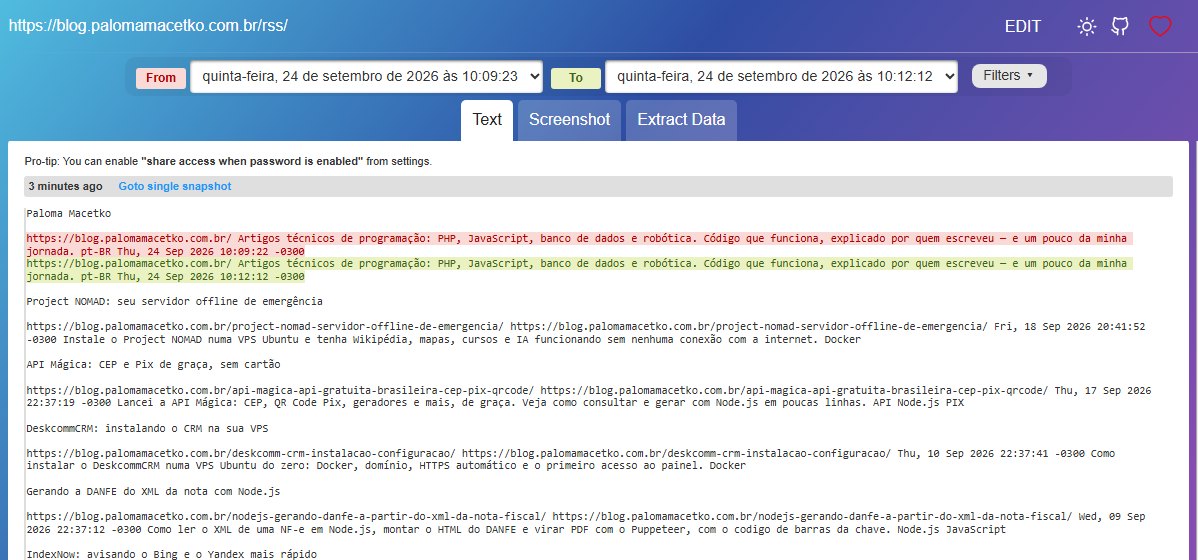 A tela de diferenças do changedetection.io para o RSS do blog, com uma única linha alterada: a data no fim da descrição do feed passou de 10:09:22 para 10:12:12