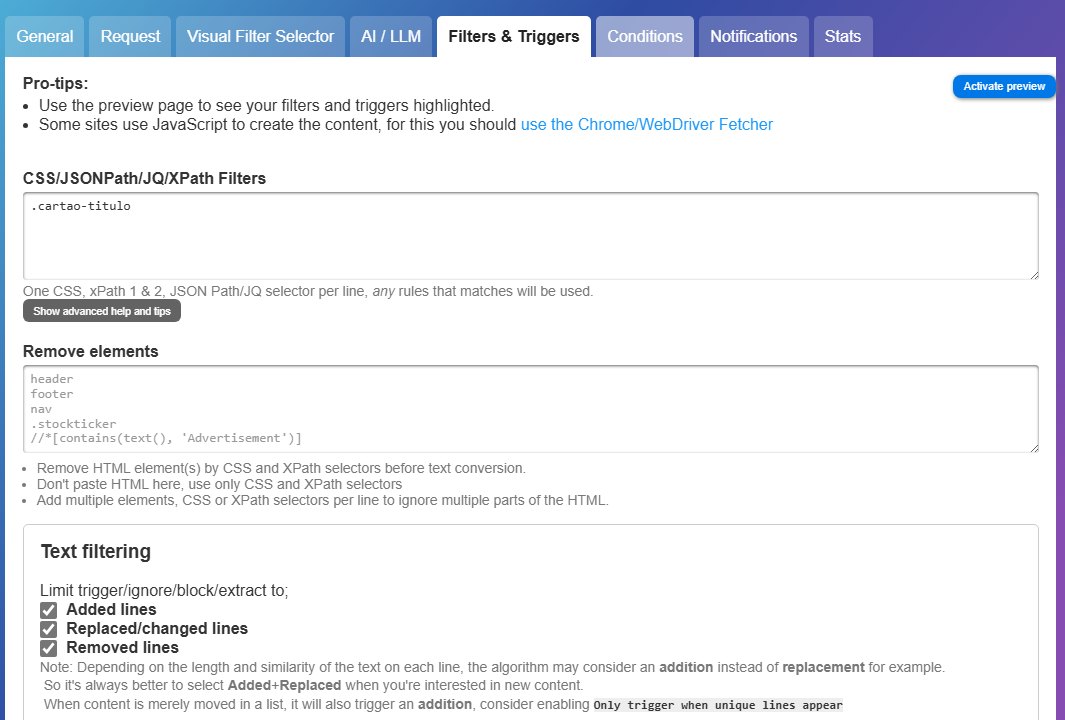 A aba Filters and Triggers com o filtro .cartao-titulo no campo CSS/JSONPath/JQ/XPath Filters e o campo Remove elements vazio logo abaixo