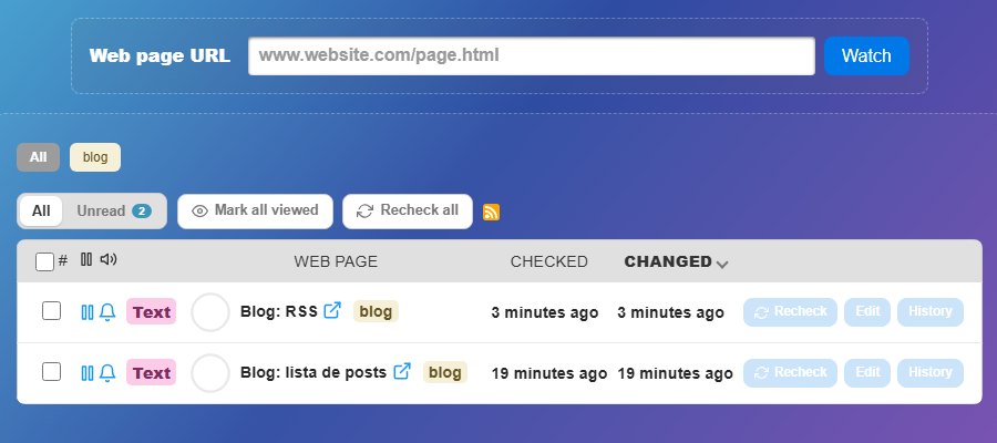 A lista de monitoramentos do changedetection.io com Blog: RSS e Blog: lista de posts, ambos no grupo blog, com as colunas Checked e Changed