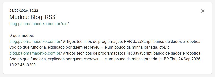 Uma notificação no ntfy com o título Mudou: Blog: RSS, o endereço do feed e a linha da descrição do blog antes e depois, agora com a data no fim