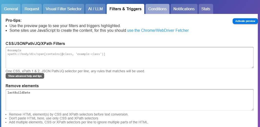 A aba Filters and Triggers do monitoramento do RSS com lastBuildDate escrito no campo Remove elements