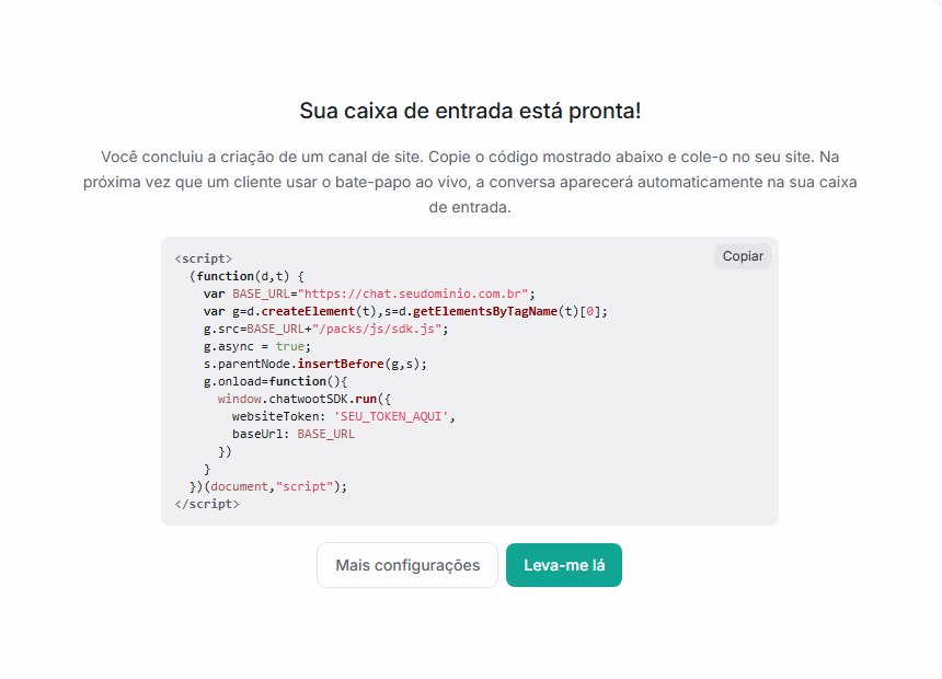 A tela Sua caixa de entrada está pronta, com o código script do widget do Chatwoot contendo BASE_URL e websiteToken, e os botões Mais configurações e Leva-me lá