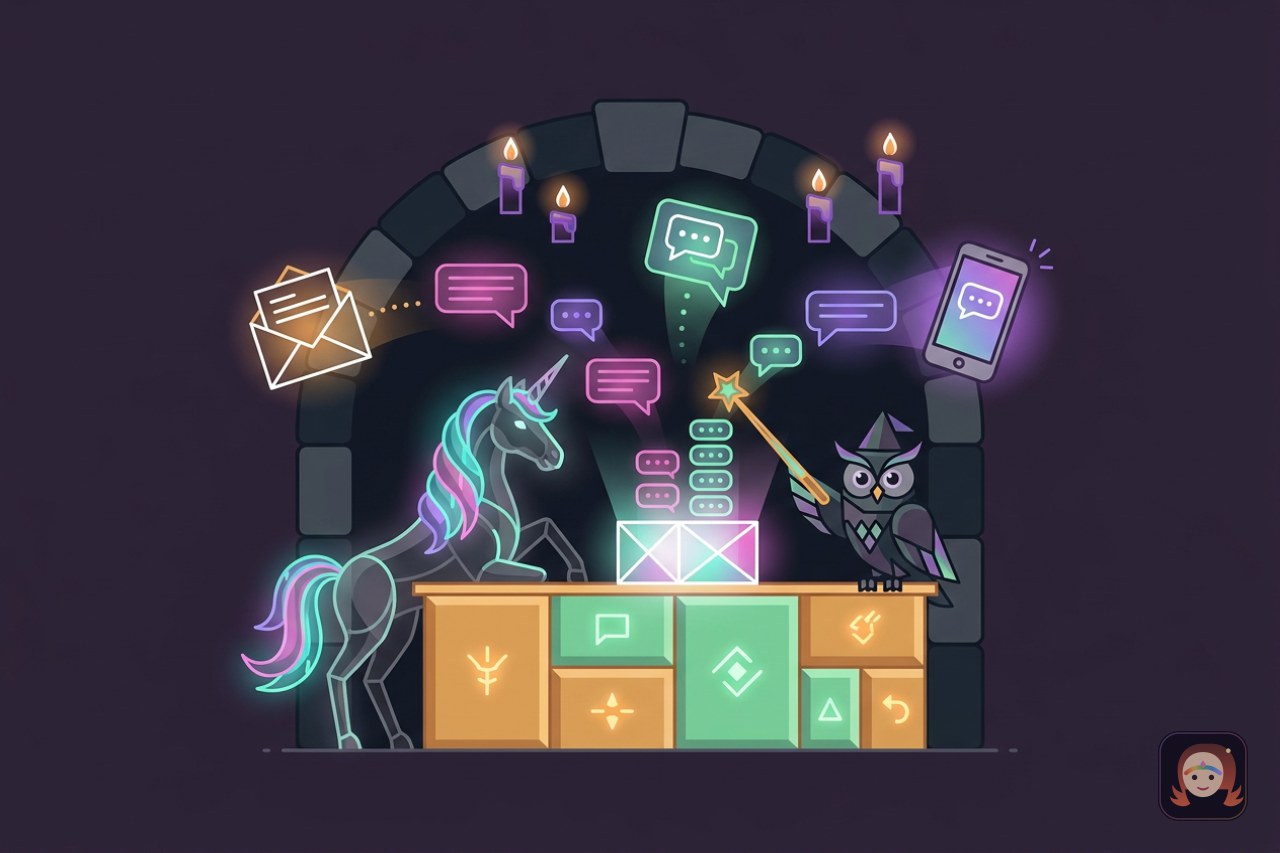 Um unicórnio de crina colorida e uma coruja com varinha num balcão mágico de atendimento, sob um arco de castelo com velas flutuantes, enquanto balões de conversa chegam de um envelope, de um chat e de um celular e caem numa única caixa de entrada brilhante