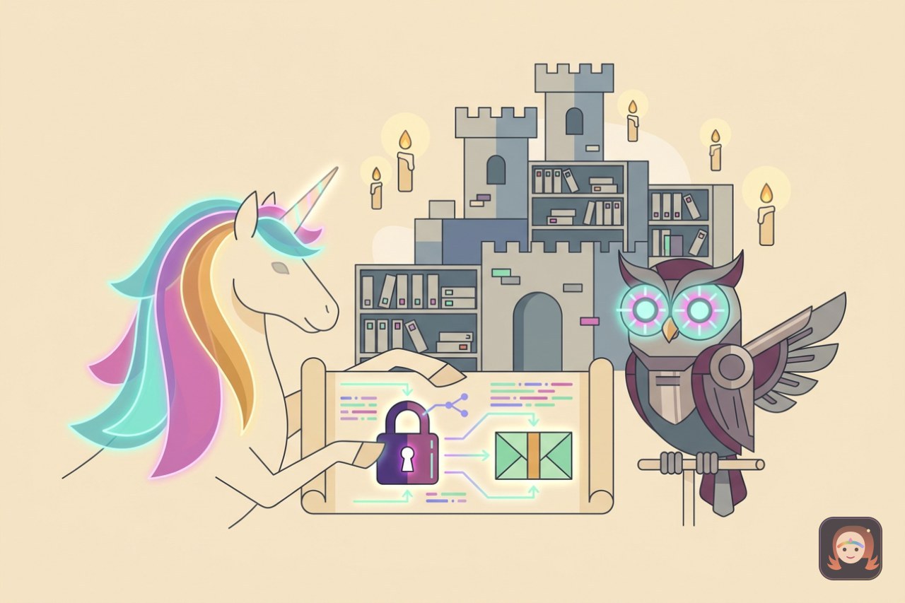 Ilustração de um unicórnio de crina arco-íris entregando um pergaminho com diagramas, um cadeado e um envelope para uma coruja robótica de olhos brilhantes, diante de um castelo-biblioteca com velas flutuantes