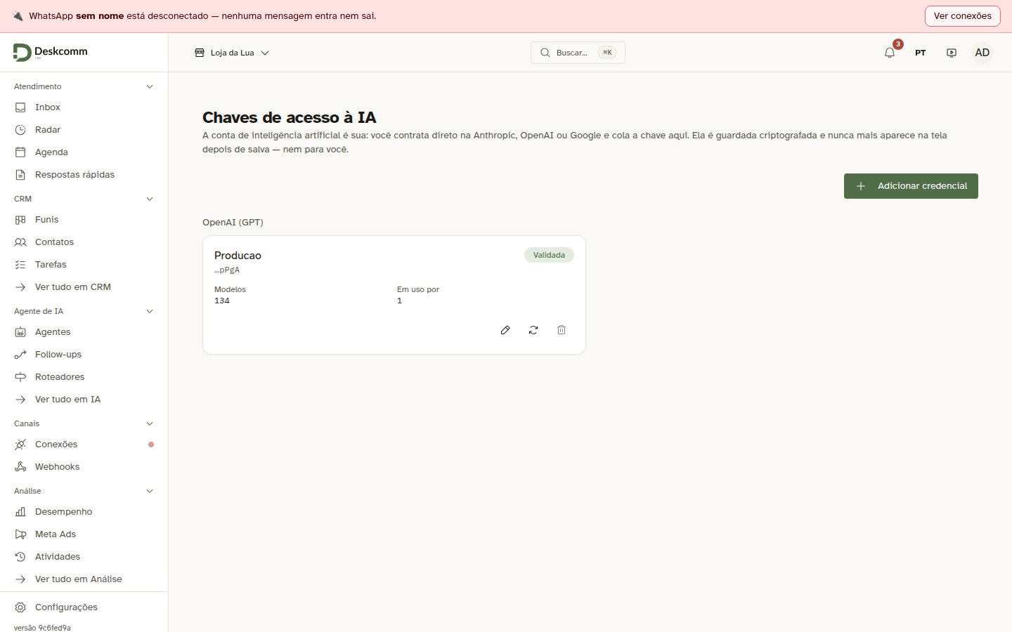 A tela Chaves de acesso à IA mostrando a credencial Producao validada, com 134 modelos disponíveis