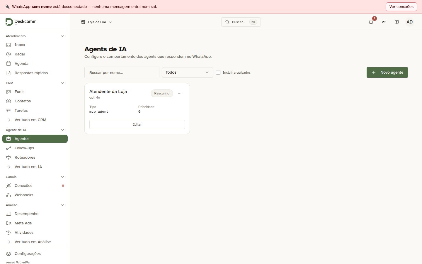 A tela Agentes de IA antes da criação, com o aviso de que nenhum agente foi configurado