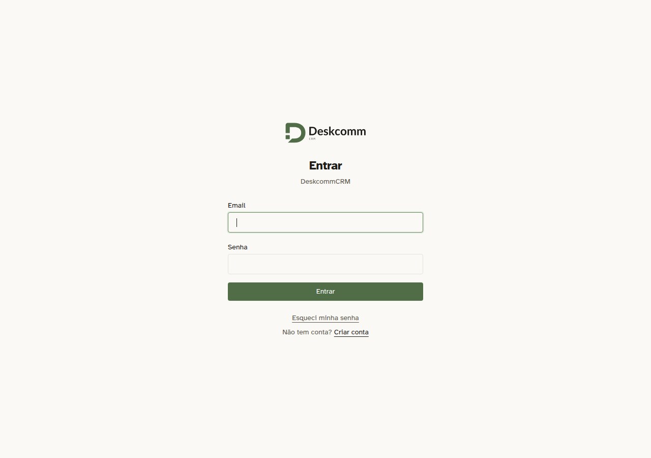 Tela de login do DeskcommCRM, com o logotipo da marca, os campos Email e Senha e o botão Entrar em verde