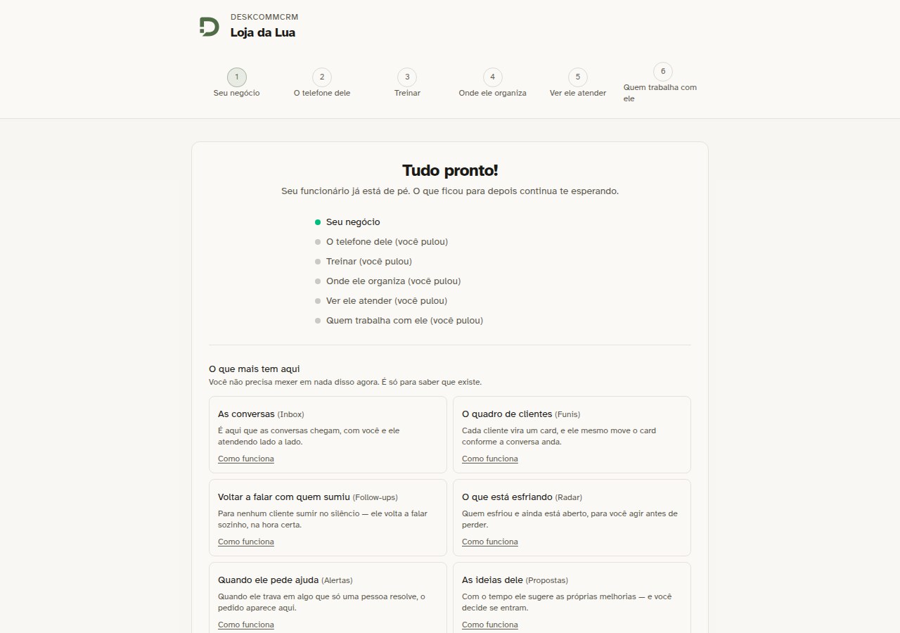 Tela final do onboarding com o título Tudo pronto, a lista dos seis passos marcando quais foram pulados e cartões explicando as áreas do sistema