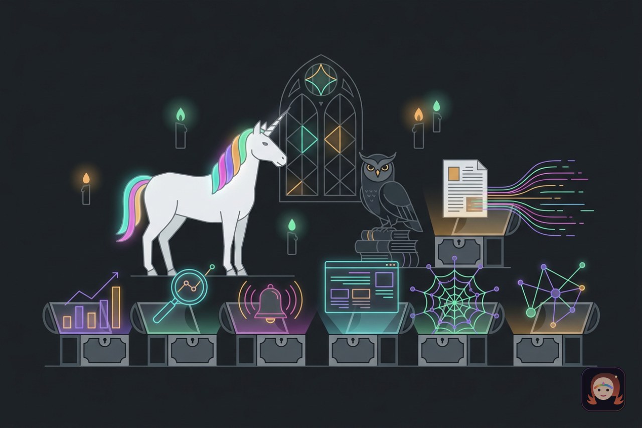 Um unicornio e uma coruja diante de sete baus magicos abertos, cada um soltando uma ferramenta luminosa: um grafico, uma lupa, um sino de alerta, uma pagina espelhada, uma teia, um documento e um mapa de conexoes
