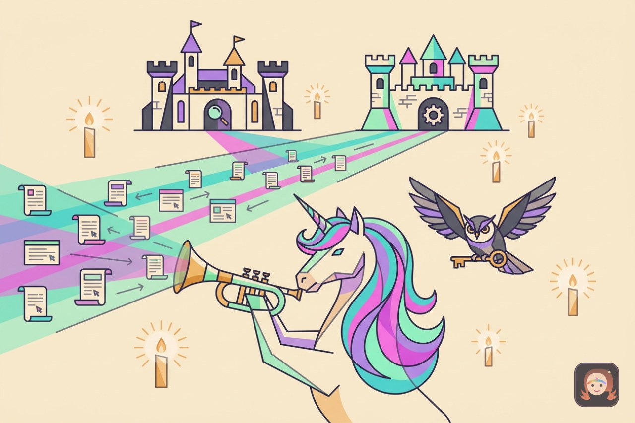 Ilustração colorida de um unicórnio de crina arco-íris soprando uma trombeta que dispara pergaminhos de URL até dois castelos de buscadores, com uma coruja carregando uma chave dourada e velas flutuantes ao redor