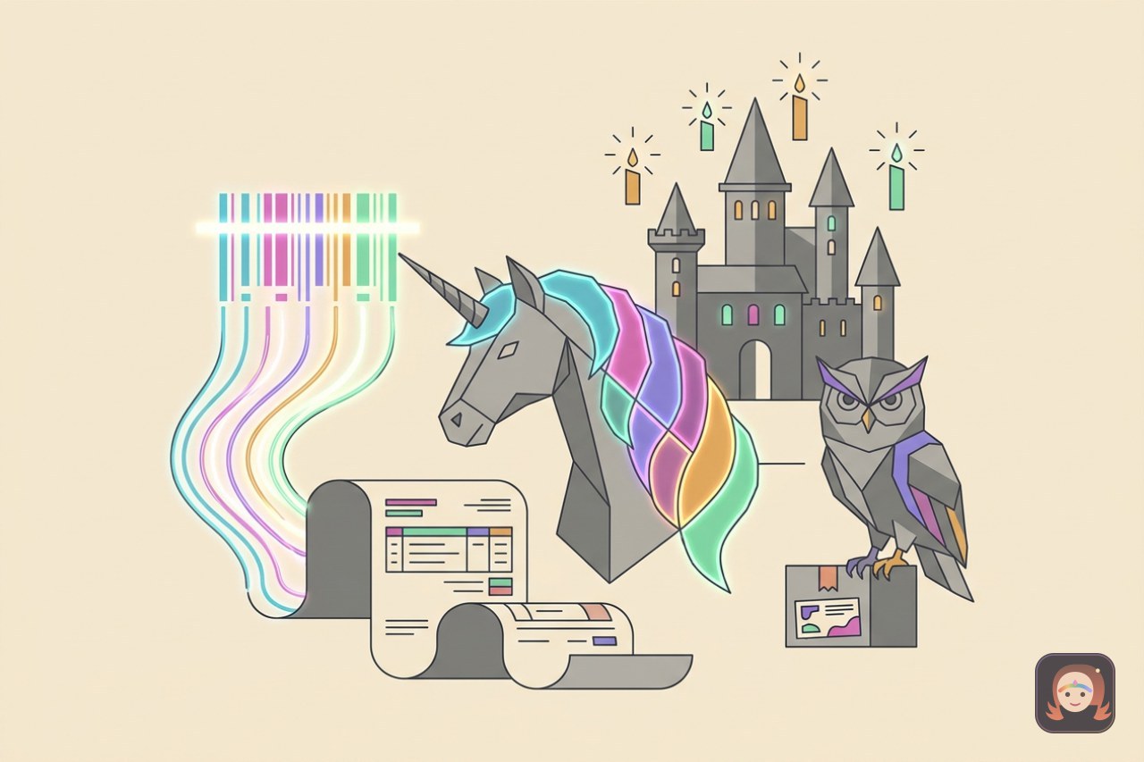 Um unicornio magico ao lado de um pergaminho que vira uma nota fiscal impressa