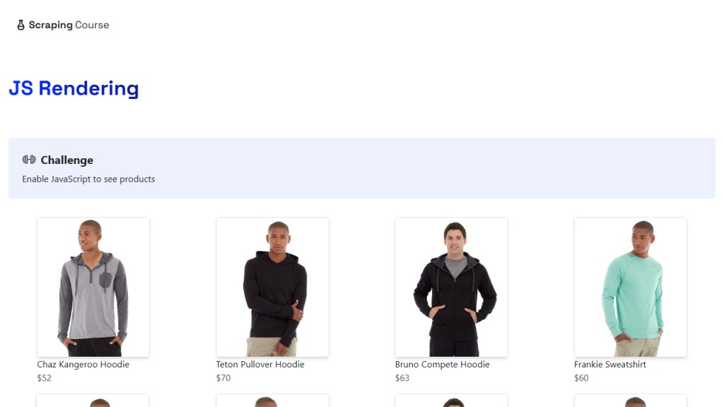 A página JS Rendering do ScrapingCourse aberta no navegador, com a vitrine de moletons mostrando nome e preço de cada produto