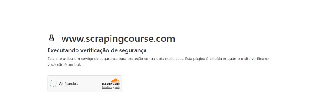 A tela de verificação de segurança da Cloudflare no ScrapingCourse, com a caixa Verificando girando antes de liberar a página