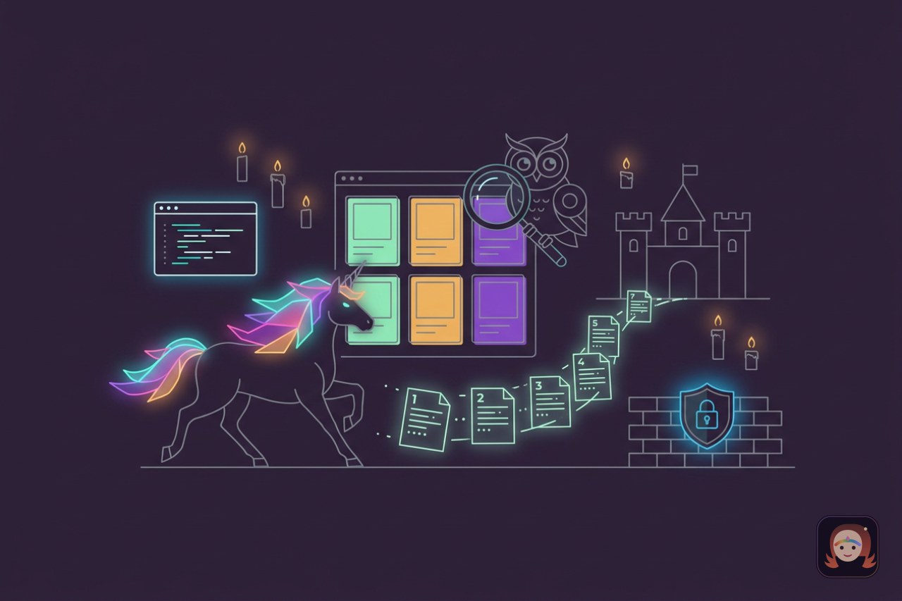 Ilustração de um unicórnio de crina colorida caminhando por uma trilha de páginas numeradas até um castelo, diante de uma vitrine de cartões de produto examinada por uma coruja com lupa, com um terminal de código ao lado e um muro de tijolos com escudo de cadeado representando o bloqueio anti-robô