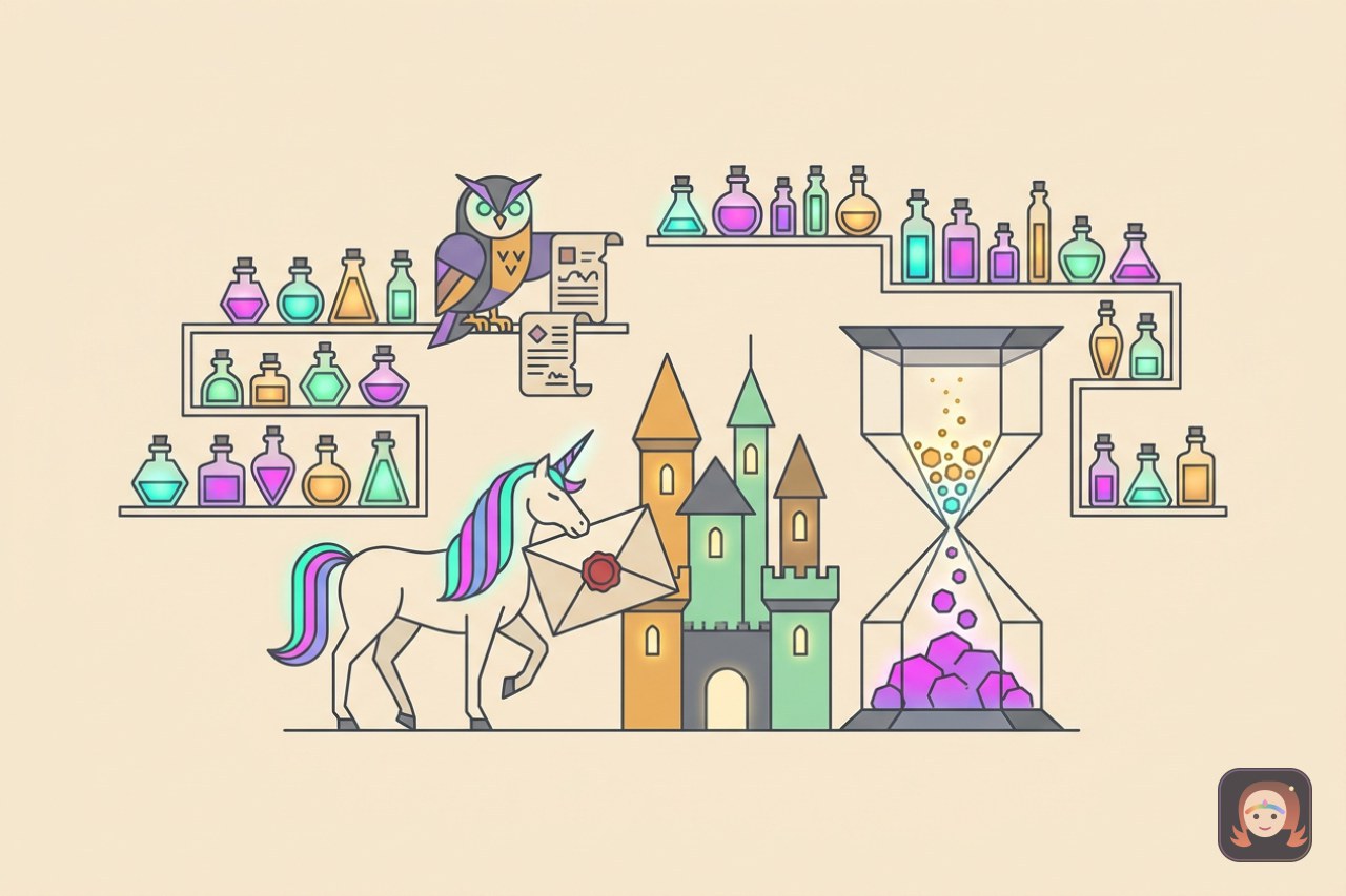 Ilustração colorida de um unicórnio carteiro entregando uma carta selada diante de um castelo, ao lado de uma ampulheta cujos grãos ficam cada vez maiores ao cair, com uma coruja conferindo pergaminhos e prateleiras de frascos enfileirados