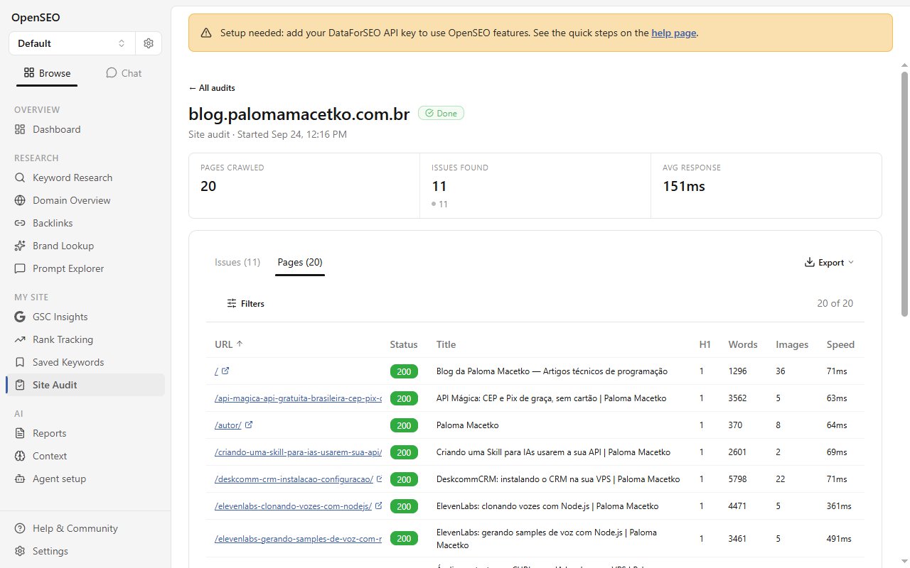 A aba Pages da auditoria de blog.palomamacetko.com.br: 20 páginas com títulos diferentes, um H1 em cada uma e milhares de palavras por artigo