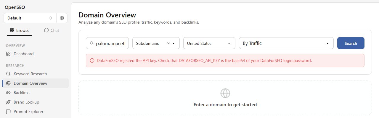 A tela Domain Overview do OpenSEO com o erro DataForSEO rejected the API key. Check that DATAFORSEO_API_KEY is the base64 of your DataForSEO login:password