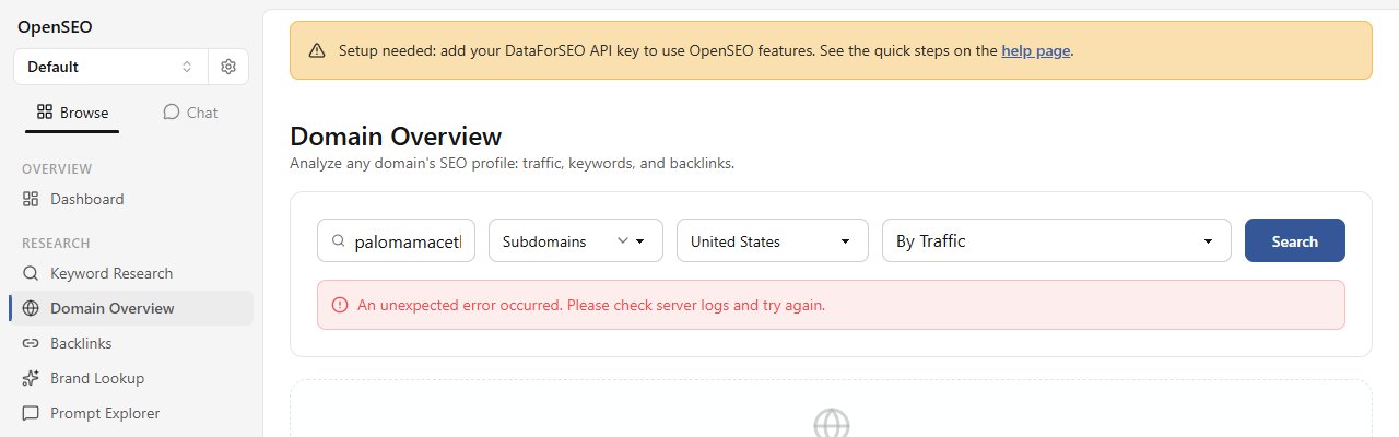 A tela Domain Overview do OpenSEO mostrando o erro An unexpected error occurred. Please check server logs and try again