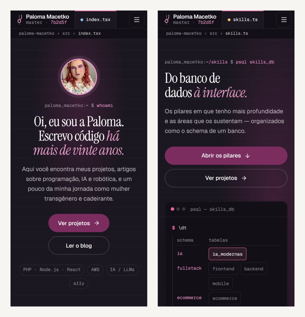 Duas telas do site no celular lado a lado: à esquerda a página inicial, com a aba index.tsx, o retrato e o título; à direita a página de skills, com a aba skills.ts, o título Do banco de dados à interface e o terminal psql abaixo