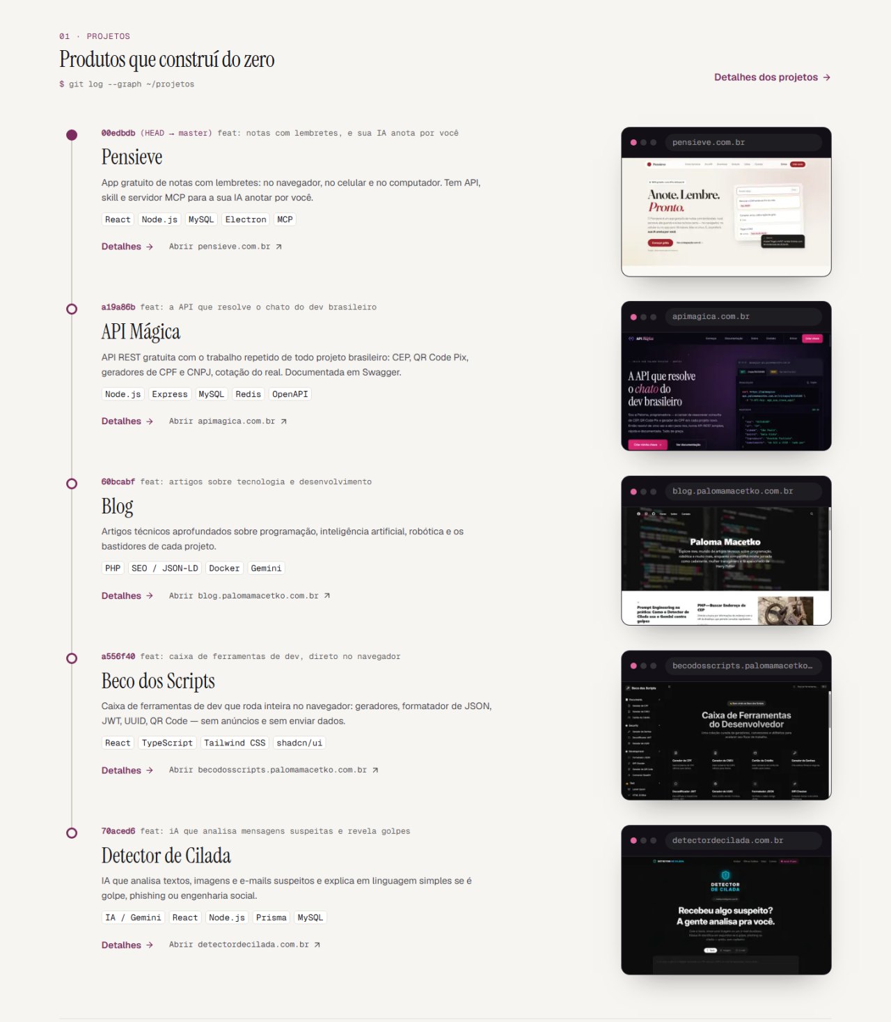 A seção Produtos que construí do zero, desenhada como um git log com linha do tempo: cada projeto tem hash, mensagem de commit, descrição, etiquetas de tecnologia e, à direita, o print do site dentro de uma janela de navegador