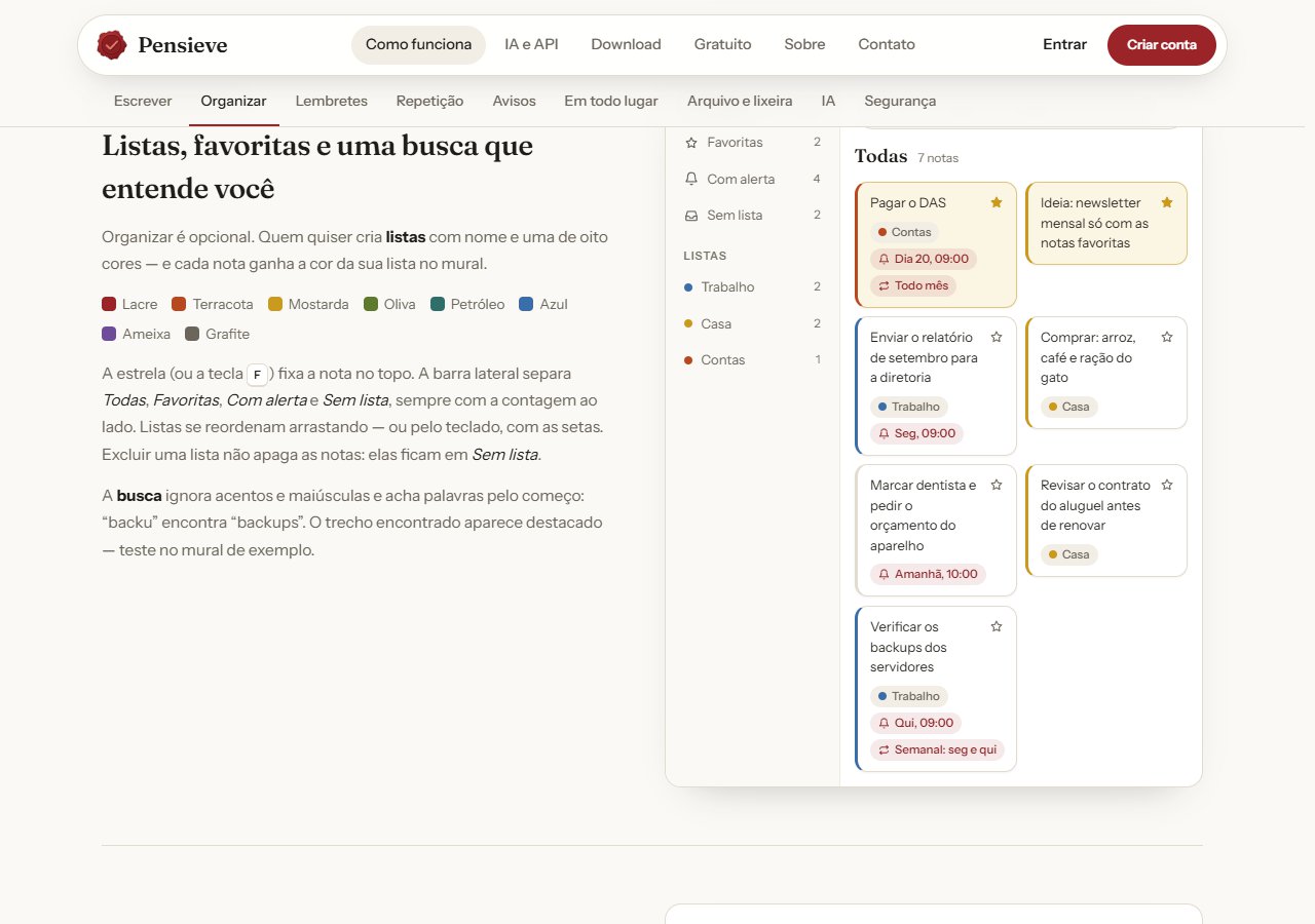 A seção Organizar do Pensieve, com as oito cores de lista à esquerda e, à direita, um mural de exemplo com a barra lateral de Favoritas, Com alerta e Sem lista e sete notas coloridas pelas listas Trabalho, Casa e Contas