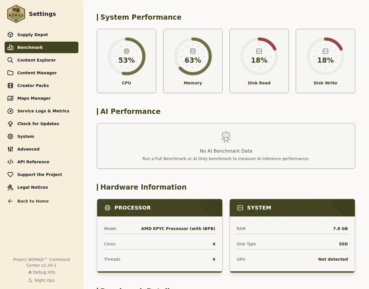 O detalhe do benchmark com quatro medidores: CPU 53 por cento, memória 63 por cento, leitura de disco 18 por cento e escrita de disco 18 por cento, e abaixo o hardware com processador AMD EPYC de 4 núcleos, 7,8 GB de RAM e GPU não detectada