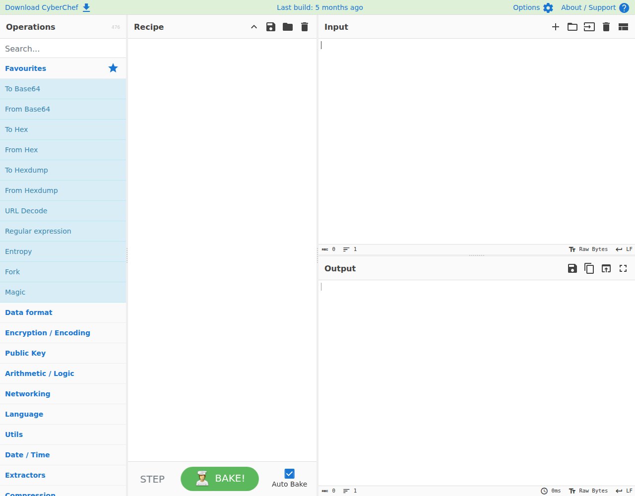 A interface do CyberChef com a lista de operações à esquerda, os painéis Recipe, Input e Output, e o botão verde BAKE