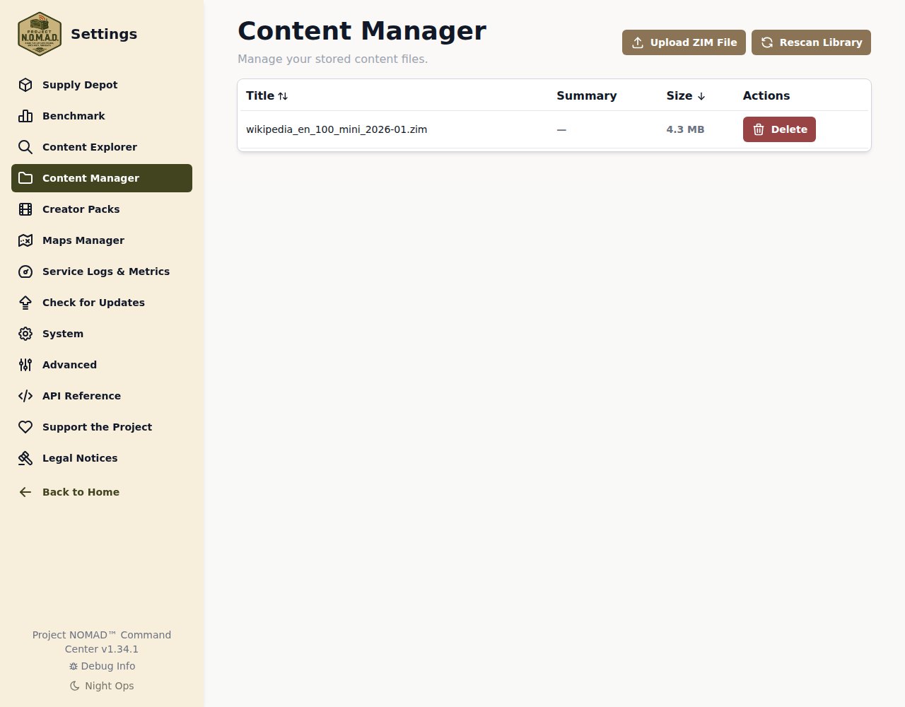 A tela Content Manager listando o arquivo wikipedia_en_100_mini_2026-01.zim com 4,3 MB e um botão Delete