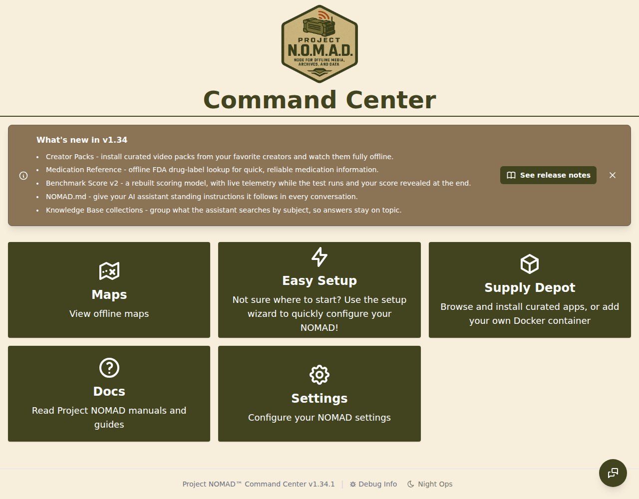 A tela inicial do Command Center do Project NOMAD, com o logotipo em forma de caixa no topo e os cartões Maps, Easy Setup, Supply Depot, Docs e Settings