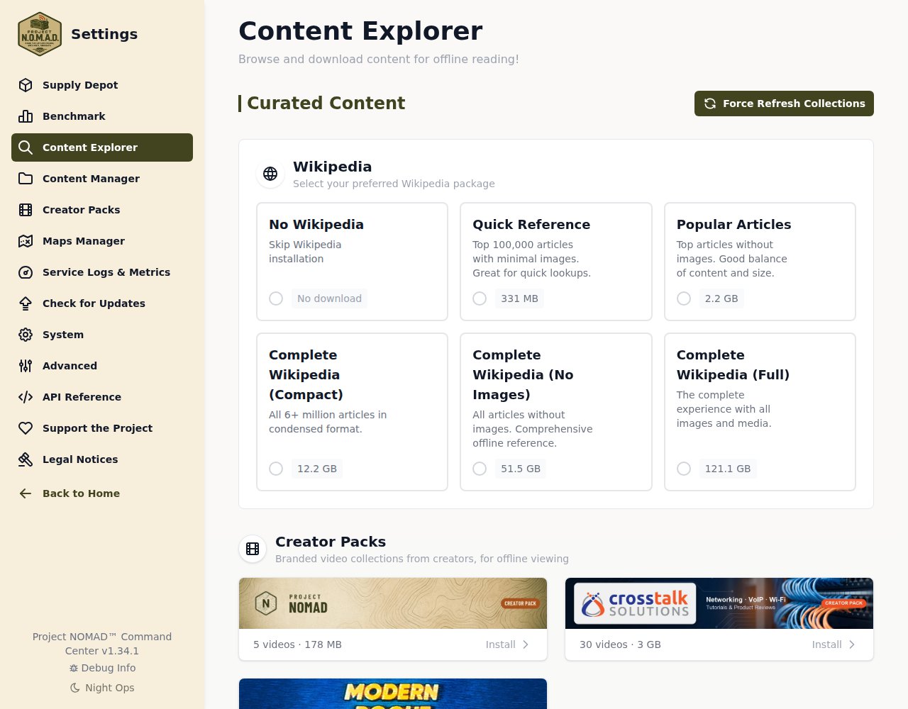 A tela Content Explorer mostrando as cinco versões da Wikipédia lado a lado, de Quick Reference com 331 MB até Complete Wikipedia Full com 121,1 GB