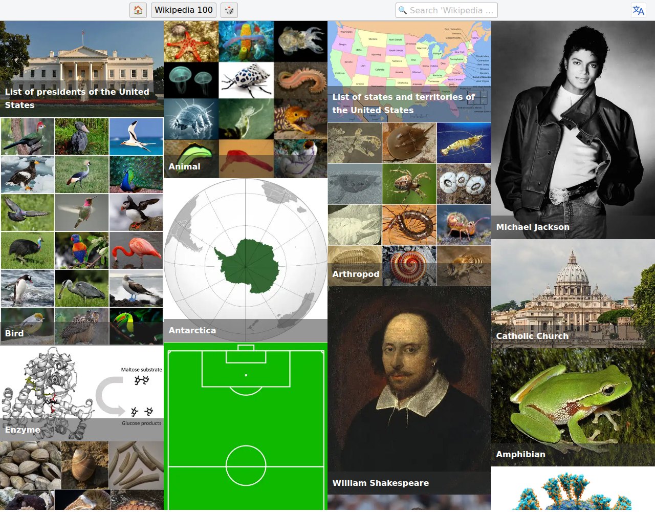A Wikipédia offline aberta no navegador, mostrando um mosaico de artigos com fotos: presidentes dos Estados Unidos, animais, Antártica, Shakespeare e Michael Jackson