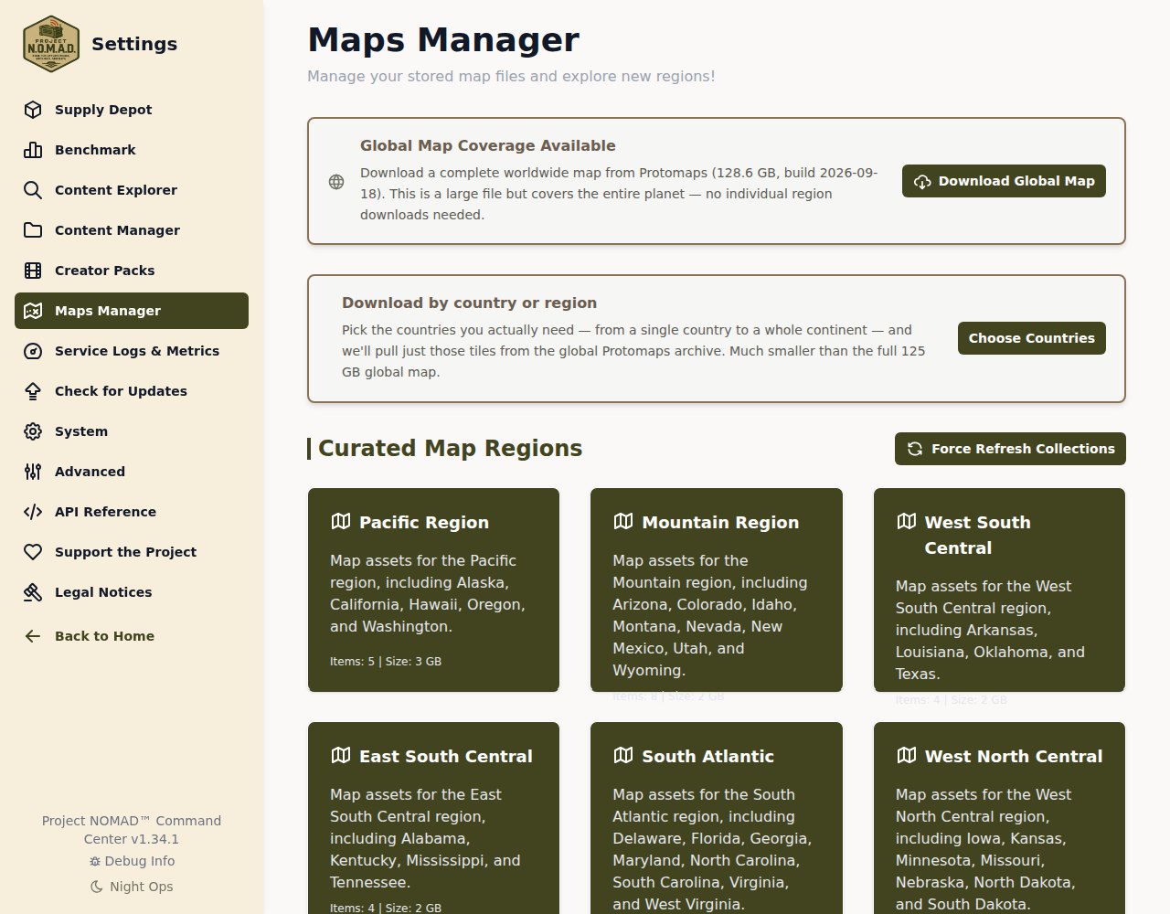 A tela Maps Manager com o aviso de que o mapa global tem 128,6 GB e um botão Download Global Map, e abaixo a opção de baixar por país com o botão Choose Countries