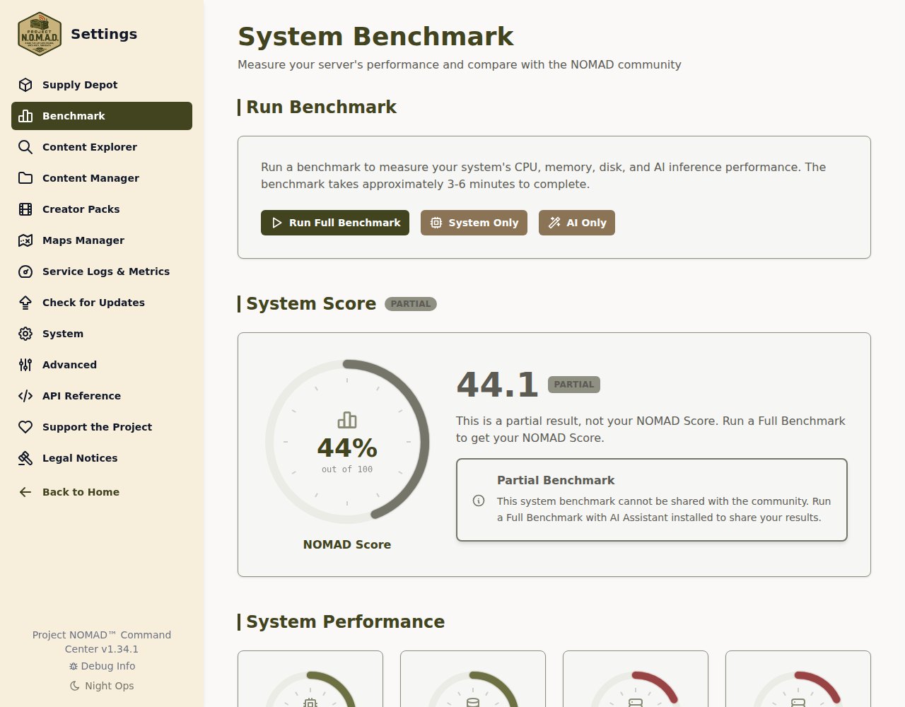 A tela System Benchmark mostrando a nota 44,1 de 100 com a etiqueta PARTIAL e o aviso de que resultados parciais não podem ser compartilhados com a comunidade